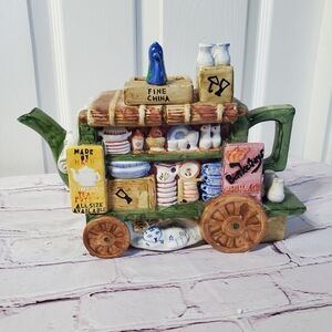Barclays China Ceramic Traveling Teapot Cart Teacups Milk Bottles Cat On Wheels